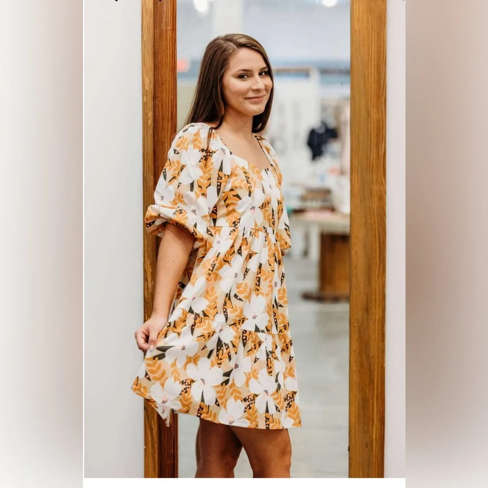 JODIFL Women’s M 100% Cotton Fall Blossoms Floral Mini Babydoll Dress - Picture 3 of 14